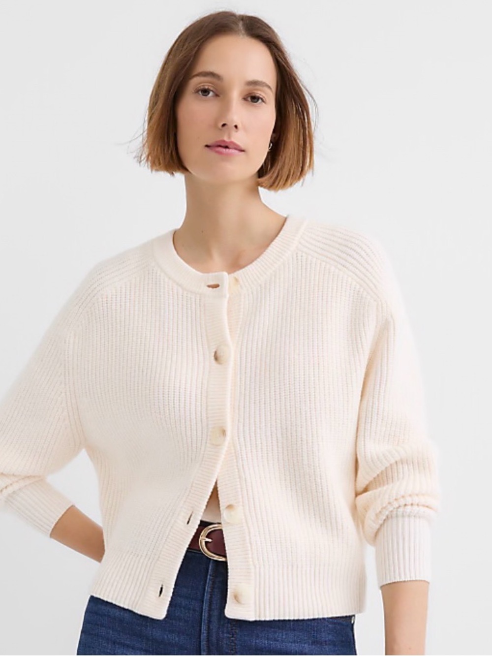 LOFT Cream Rib-Knit Button Cardigan